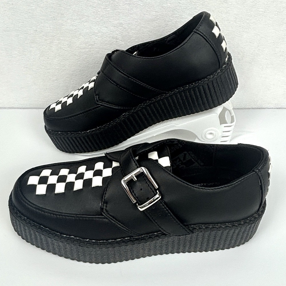 T.U.K. Checkerboard Creeper Platform Shoes Women 10 Men 8 Black White Monk Strap